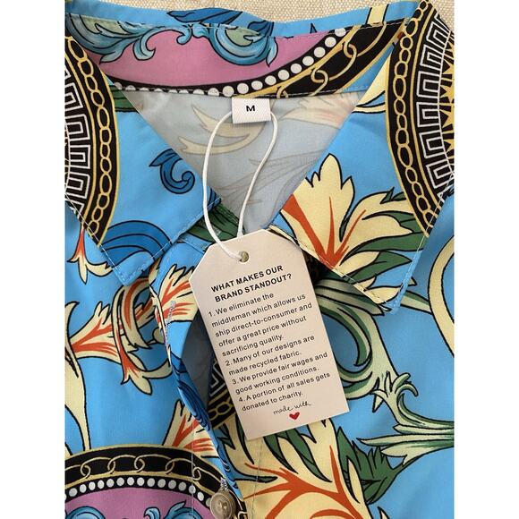 NWT Made with Love Blouse Womens Medium Boho Silky Blue Collared Button Up Shirt - Picture 8 of 14